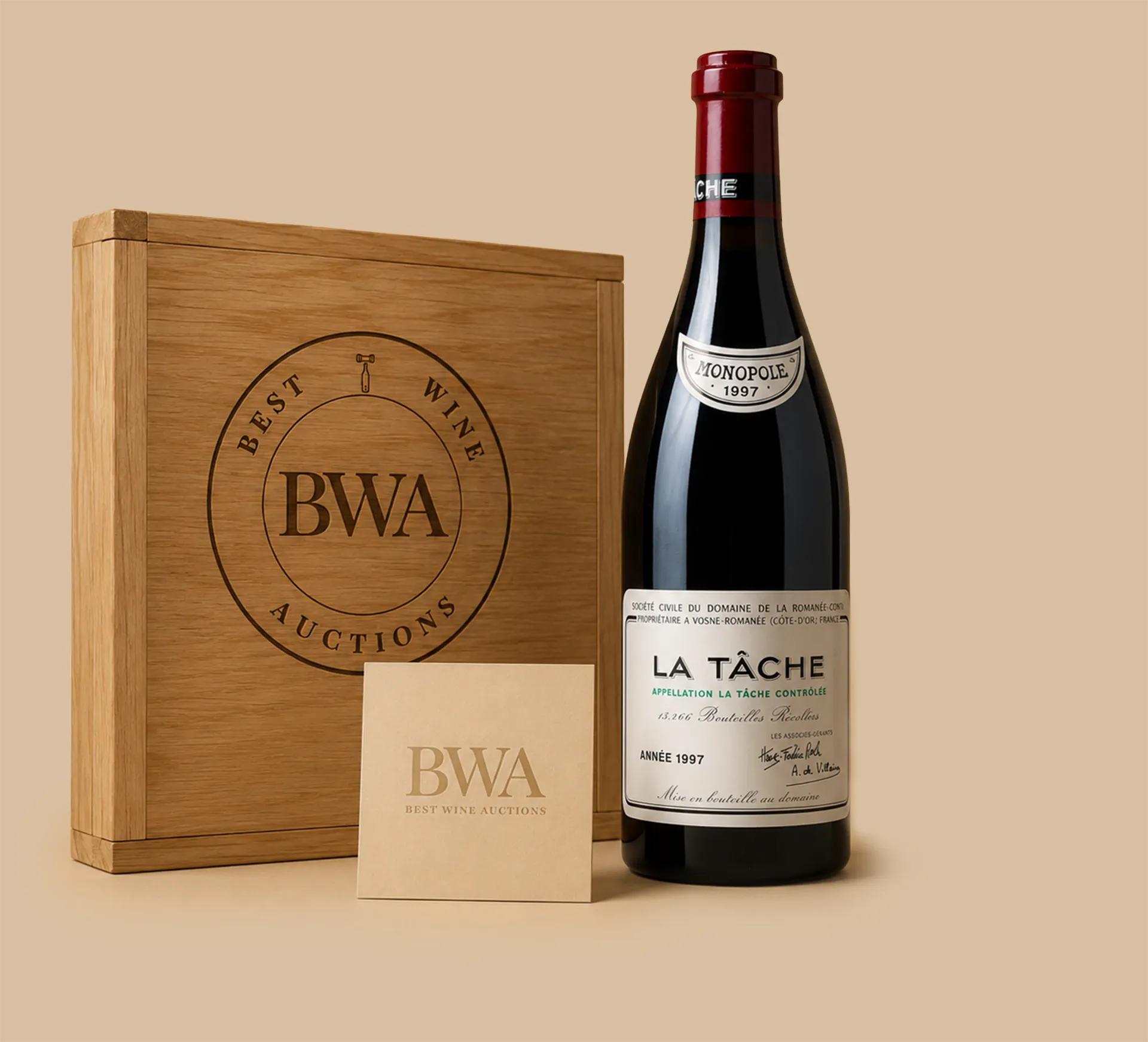 Sell Your Wine Collection | Best Wine Auctions La Tâche wine bottle with BWA branded wooden crate and card for selling a wine collection through Best Wine Auctions