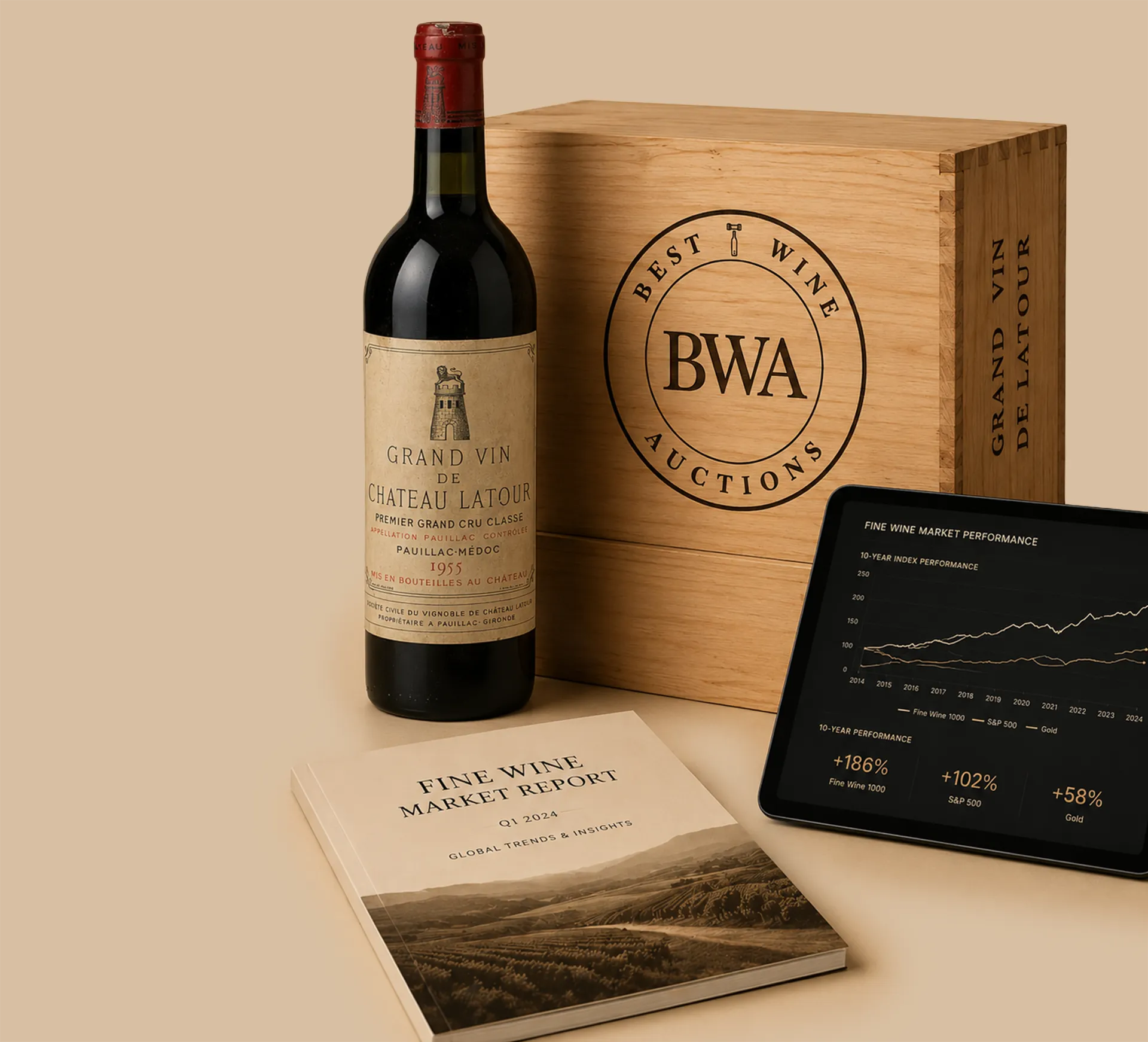 Wine Investment | Best Wine Auctions Chateau Latour wine bottle with BWA wooden crate, market performance screen and fine wine report for wine investment