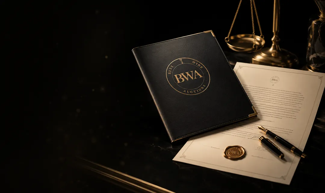 Best Wine Auctions branded legal documents with auction folder, pen and gold scales