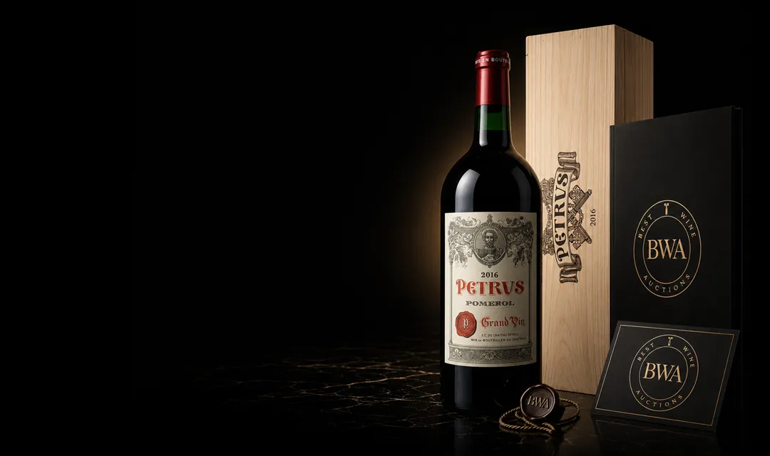 Provenance vérifiée – Best Wine Auctions Bouteille de grand vin avec caisse et documentation de provenance