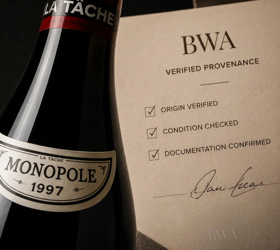 Geverifieerde provenance bij investeren in wijn Documentatie en wijnfles voor verificatie van provenance door Best Wine Auctions