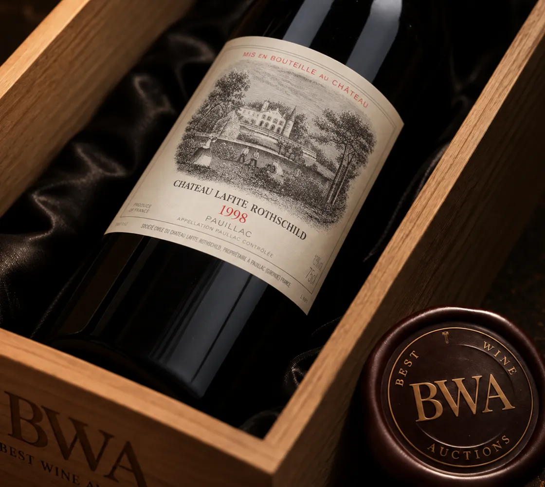 Ch&acirc;teau Lafite Rothschild-fles in houten Best Wine Auctions-kist voor verificatie van herkomst en authenticiteit van topwijn